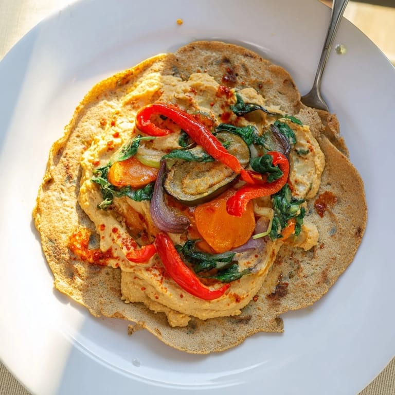 Delicious Snowflake Hummus & Roasted Veggie Wrap, showcasing the colorful roasted veggies and creamy hummus with a beautiful fold.