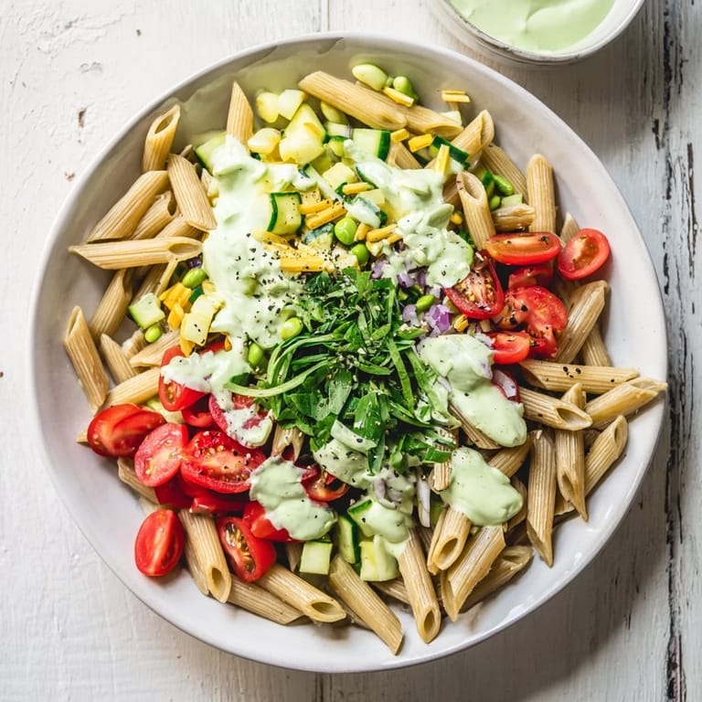 Cool, refreshing Holiday Glow Green Goddess Protein Pasta Salad served in a light-filled bowl.