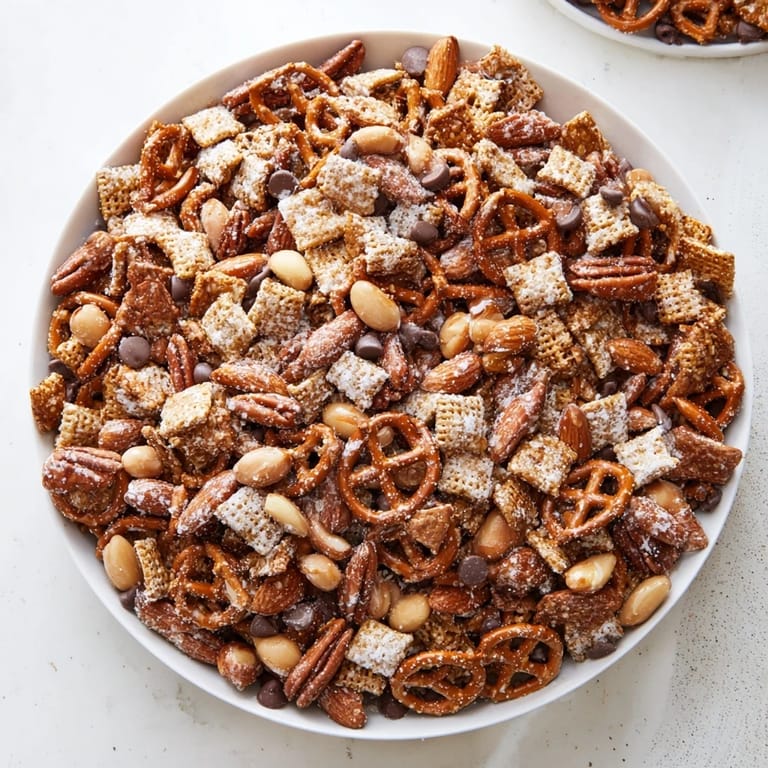 Golden-brown Festive Pine Cone Snack Mix, coated with a sweet glaze, studded with chocolate chips.