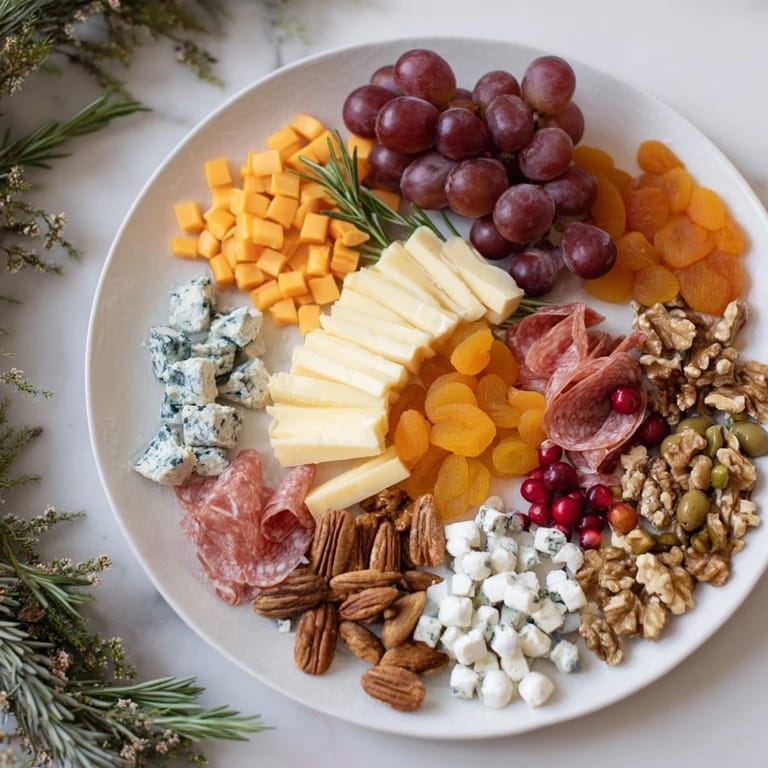 A colorful Holiday Wreath Cheese Platter overflowing with cheeses, fruits, and meats, beautifully arranged.
