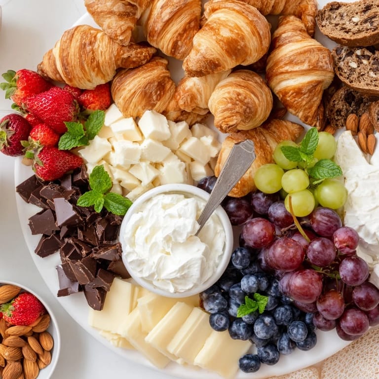 This vibrant Gift Box Brunch Board Delight shows croissants, bread, and assorted treats for sharing.