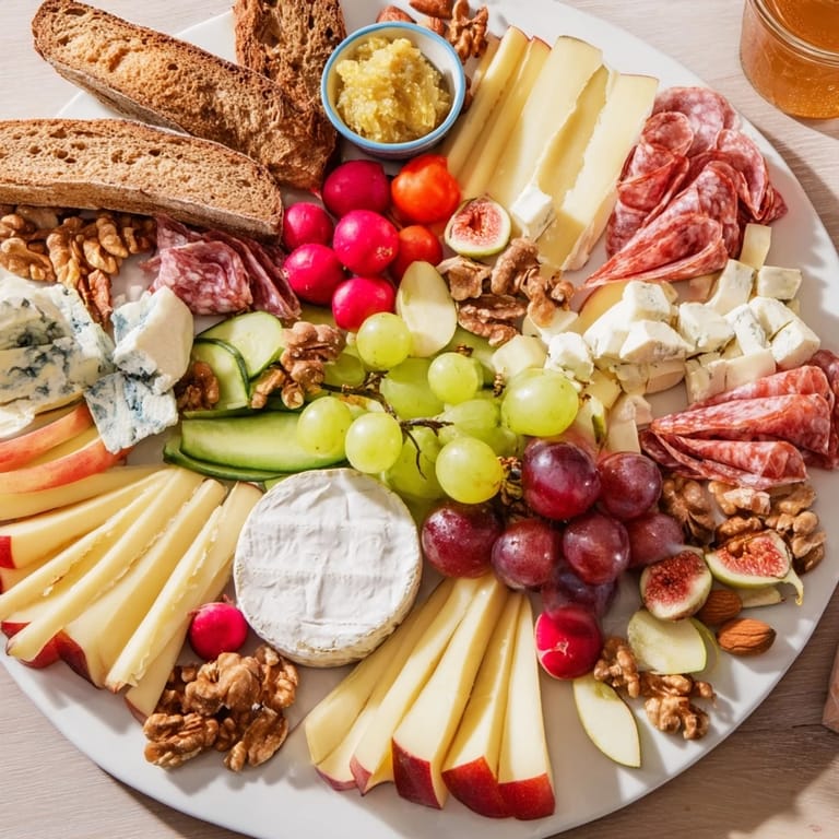 A stunning Cheval Heureux Snack Board, filled with savory meats, creamy cheeses, and fresh vibrant grapes.