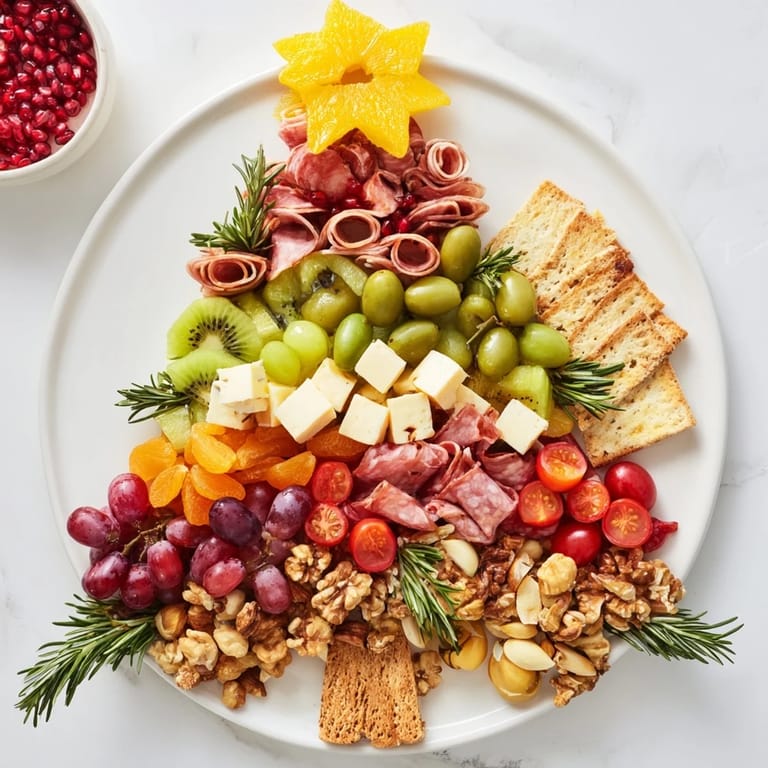 Savory and sweet Festive Holiday Tree Appetizer Platter overflowing with cheeses, fruits, and meats for holiday fun.