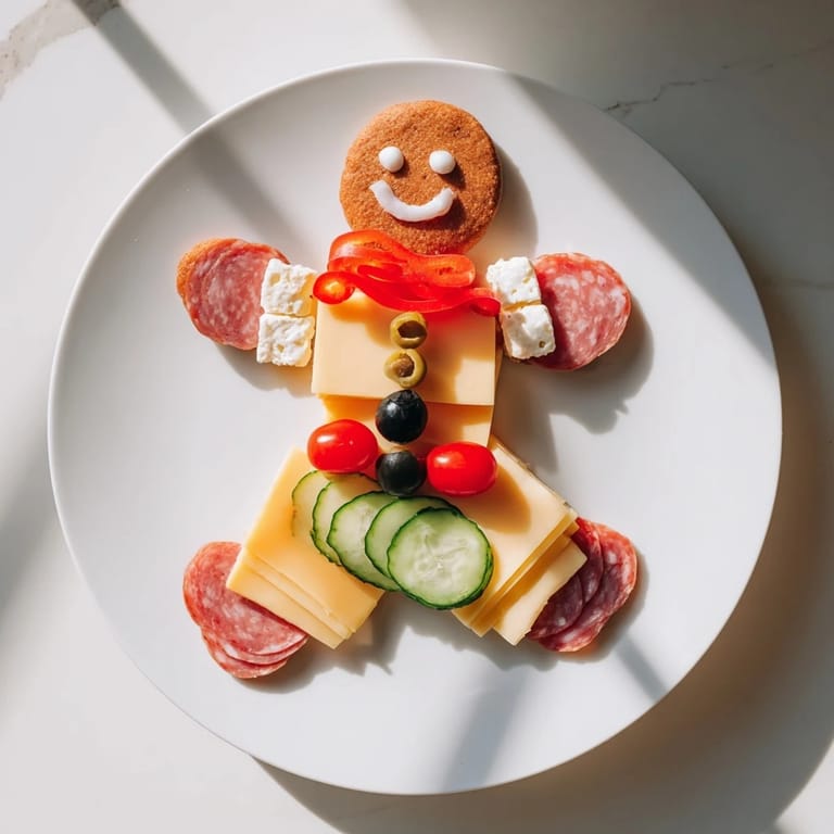 Delicious Gingerbread Man Savory Charcuterie: A beautiful charcuterie board with meats, cheeses, and veggie details for your enjoyment.