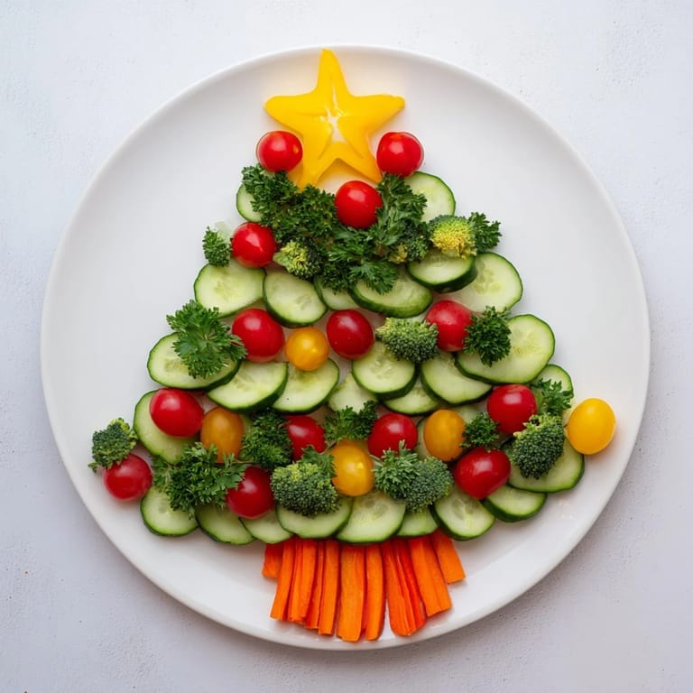 A beautiful Festive Tree Cucumber Tomato Platter, arranged with fresh veggies for a party appetizer.