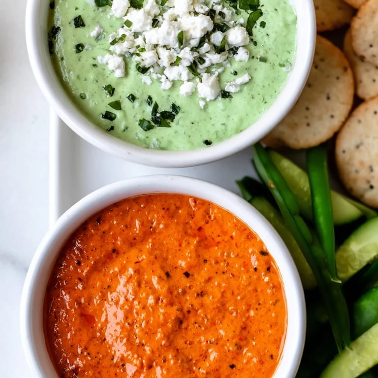 Holiday appetizer of Festive Dip: A creamy red dip beside vibrant green goddess, ready to enjoy.