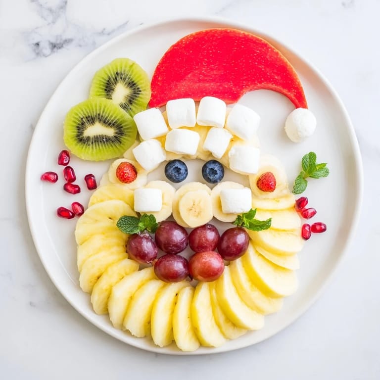 Vibrant Santa fruit platter, with a banana face and red apple hat; a delicious appetizer.
