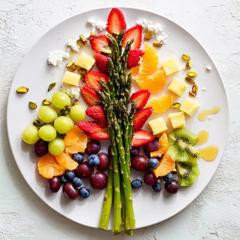 A colorful Asparagus Stem Floral Fruit Board: luscious strawberries, grapes, and arranged asparagus stems create a tasty image.