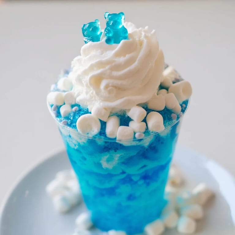 These chilled snow globe Jello cups showcase layers of blue gelatin, white chocolate, and sweet candy decorations.