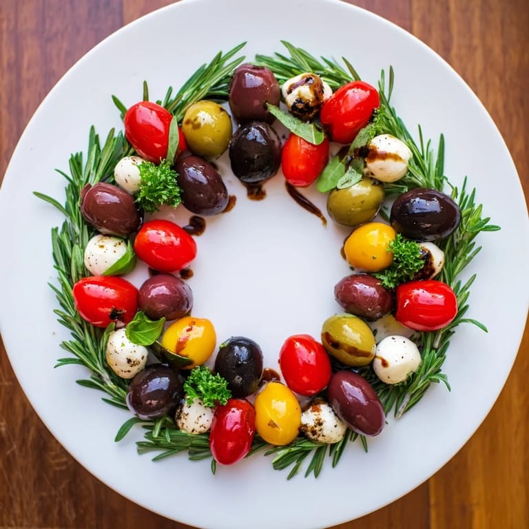 Vibrant appetizer wreath featuring plump cherry tomatoes, olives, and mozzarella, perfect for holiday gatherings.