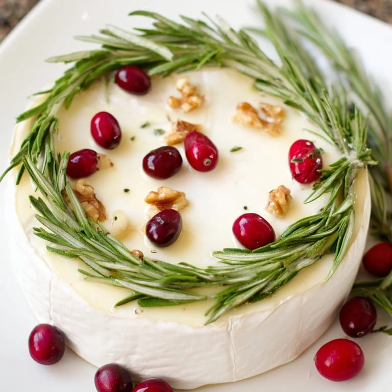 Unbaked Brie cheese wheel, beautifully decorated with rosemary, awaits crackers and fig jam.