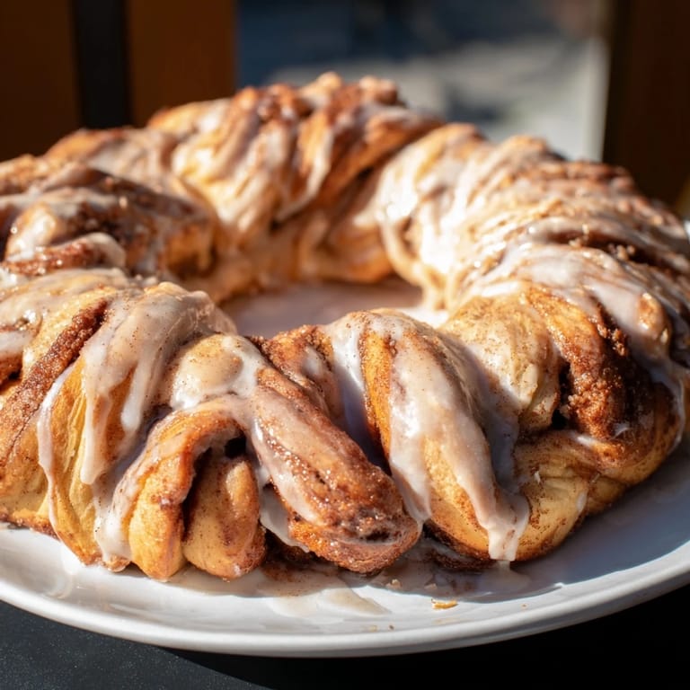 Delicious homemade Cinnamon Roll Pull-Apart Wreath, golden brown and smelling of cinnamon, ready to eat.