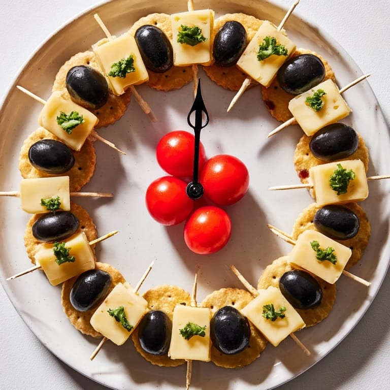 Enjoy the delicious arrangement of the Clock Countdown appetizer with cheddar and Swiss cheese cubes.
