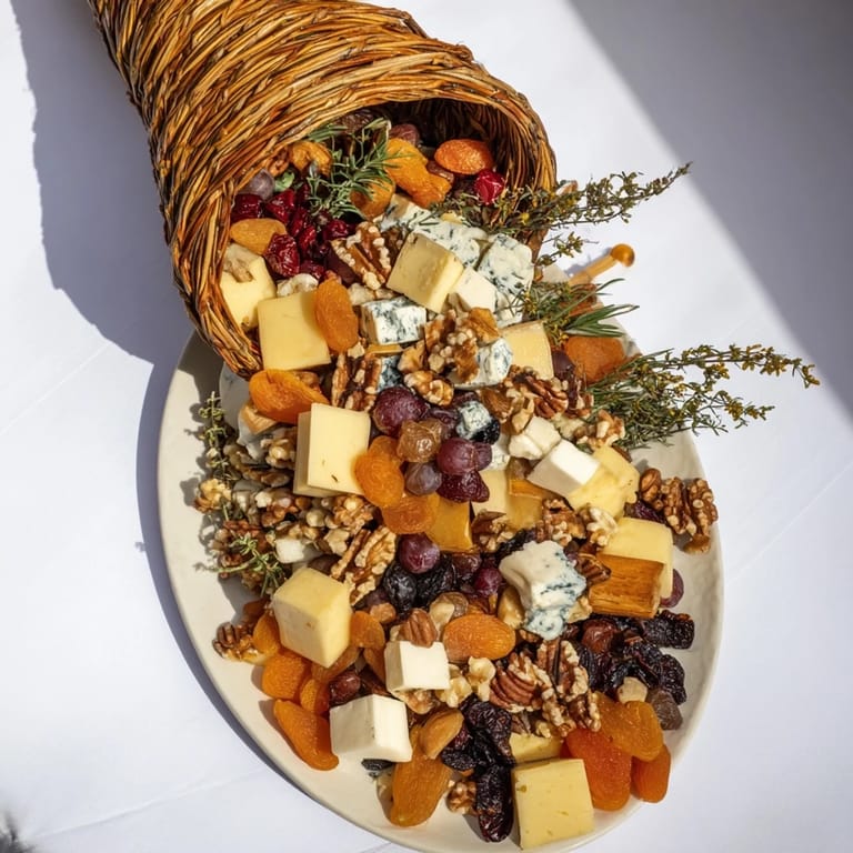 Vibrant image of an Autumn Harvest Horn of Plenty; cheese, fruit, and nuts are artfully arranged.
