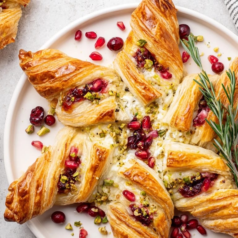 A close-up of the beautiful, star-shaped Cranberry Christmas Star, with glistening cranberries and flaky pastry.