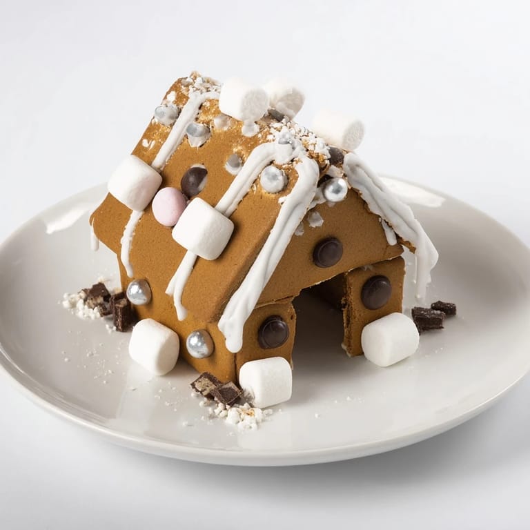This detailed, close-up image shows a complete gingerbread house frame, beautifully decorated and ready to display.