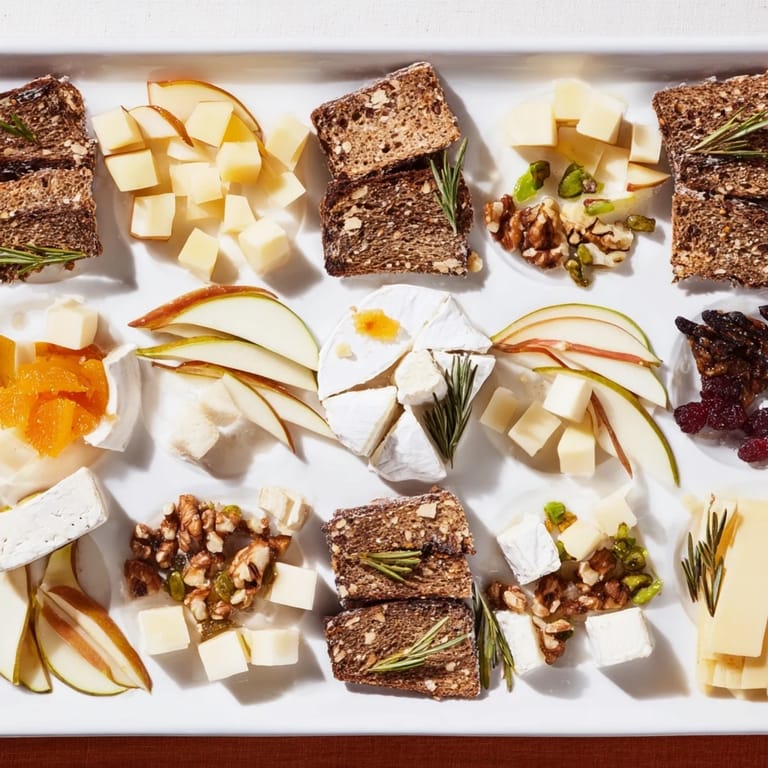A close-up of a festive Twelve Days of Cheese Board featuring assorted cheeses, crackers, and delicious garnishes.