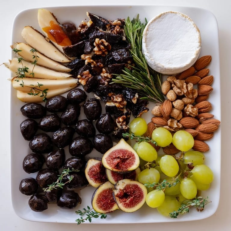 This Winter Solstice Board showcases both savory and sweet flavors with Brie, pears, and olives.
