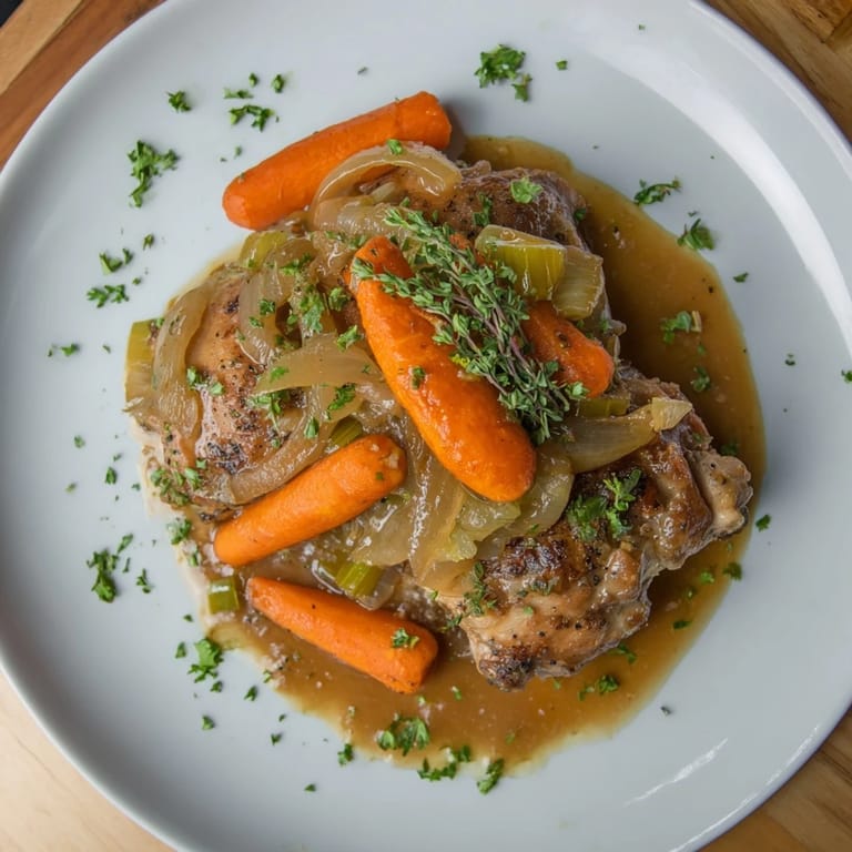 Imagine this Georgia Pot Roast Chicken: succulent chicken thighs and sweet onions braising in a rich sauce.