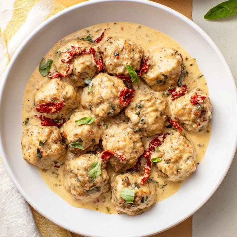 A skillet of savory Marry Me Chicken Meatballs, richly coated in a sun-dried tomato cream sauce, prepared with love.