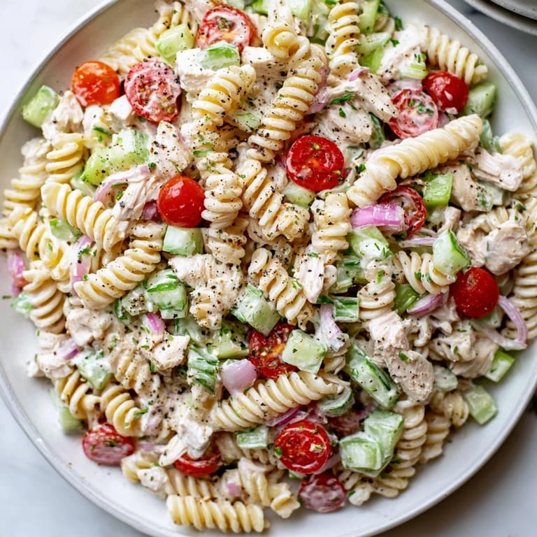 This Everything Bagel Chicken Pasta Salad features tender chicken, colorful veggies, coated in a zesty dressing.