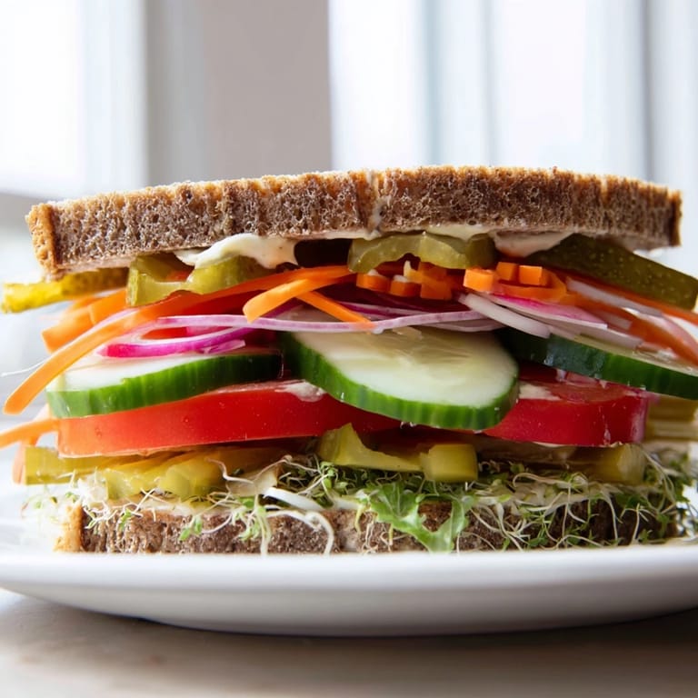 Enjoy a hearty, vegetarian crunchy dill pickle sandwich, bursting with fresh, tangy flavors.