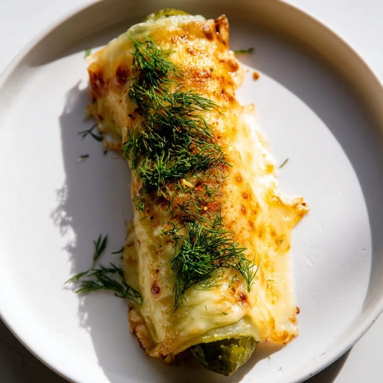 Close-up of bubbling Melted Cheese Pickle Rolls, golden and delicious, warm from the skillet and ready to be served.