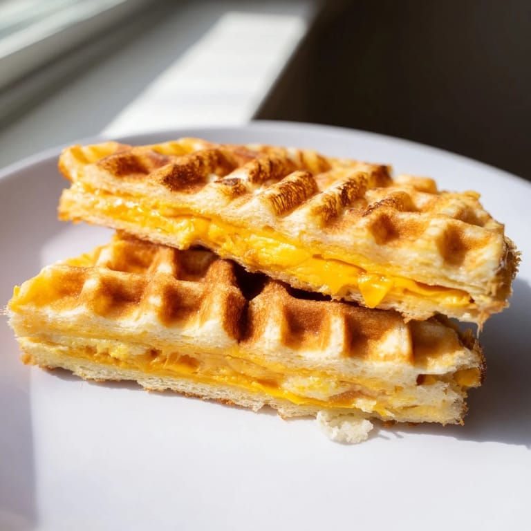 A close-up of a delectable Waffle Grilled Cheese, inviting crunch, ready for dipping in tomato soup.