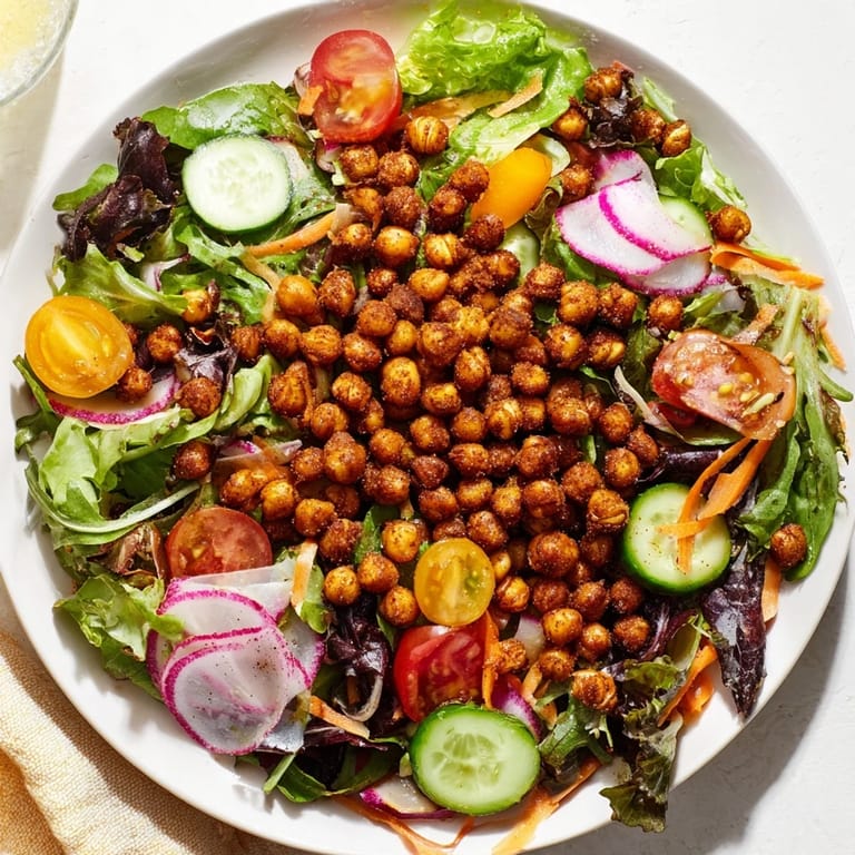 Golden, crunchy chickpea croutons top a refreshing Mixed Greens Salad, ideal for a light lunch.