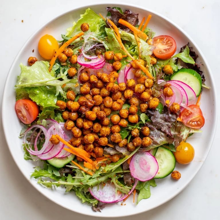Enjoy this colorful Mixed Greens Salad, featuring spiced chickpea croutons and tangy lemon dressing.