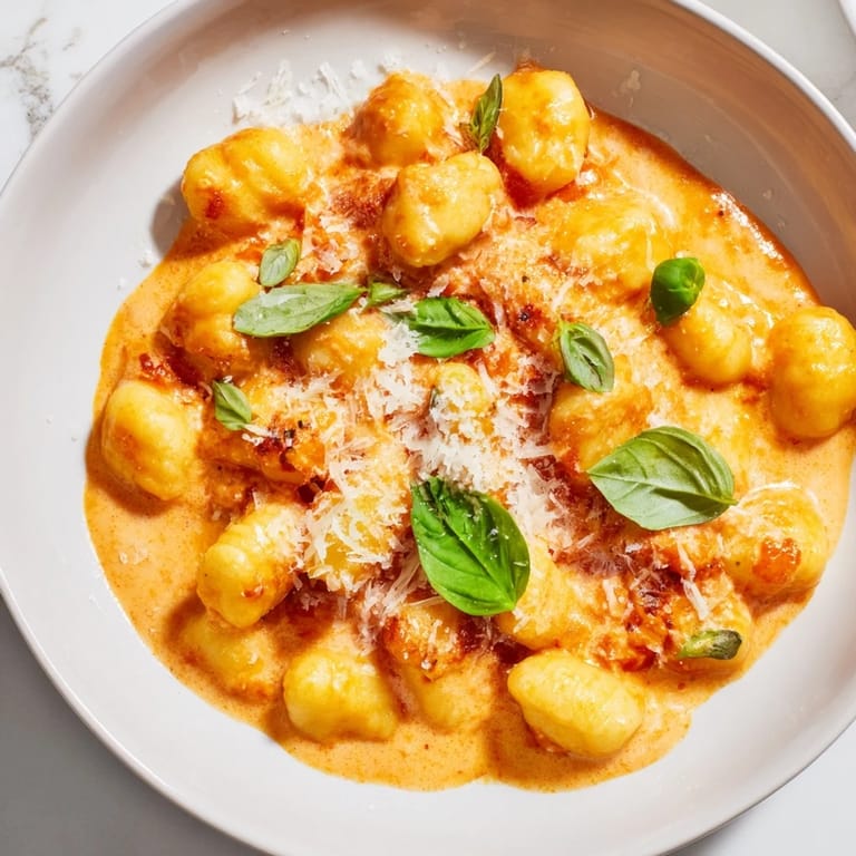 A close-up of the flavorful Creamy Tomato Gnocchi, highlighting the luscious sauce and tender gnocchi.