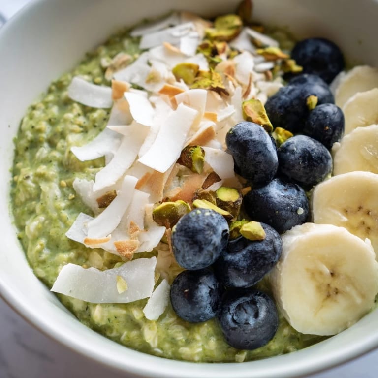 Enjoy a spoonful of chilled Matcha Overnight Oats, a healthy and easy morning meal.