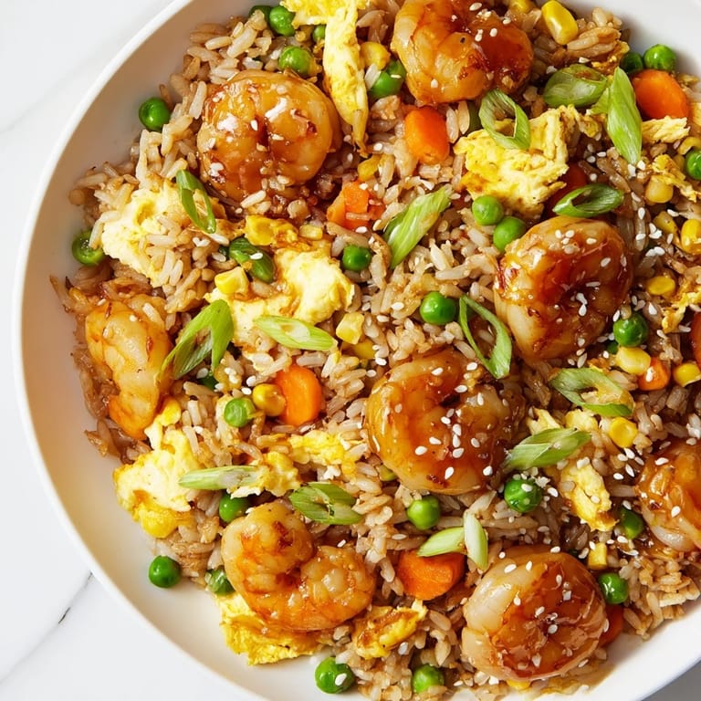Savory shrimp fried rice hack steaming hot, piled high, ready to be enjoyed with chopsticks.
