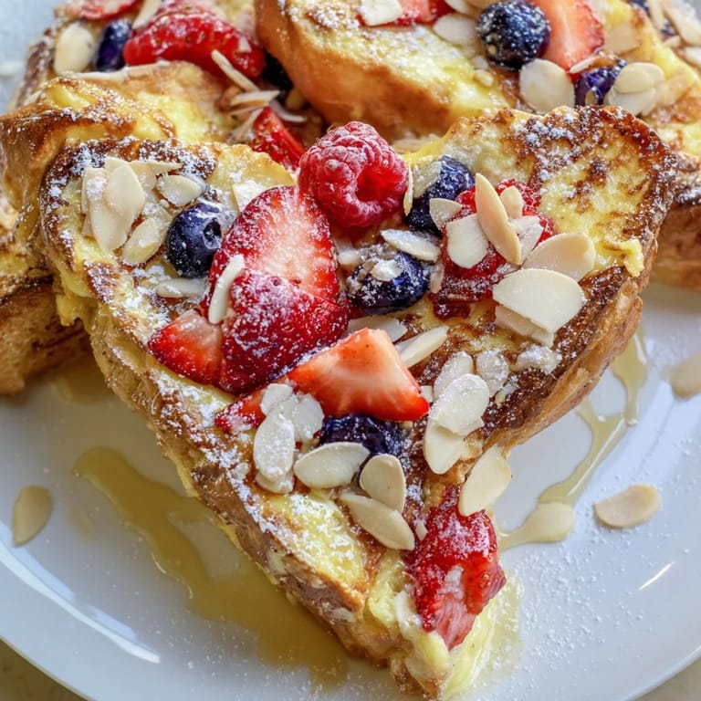 Fresh berries and flaky nuts adorn a plate of delightfully baked Custard Toast for a quick breakfast.
