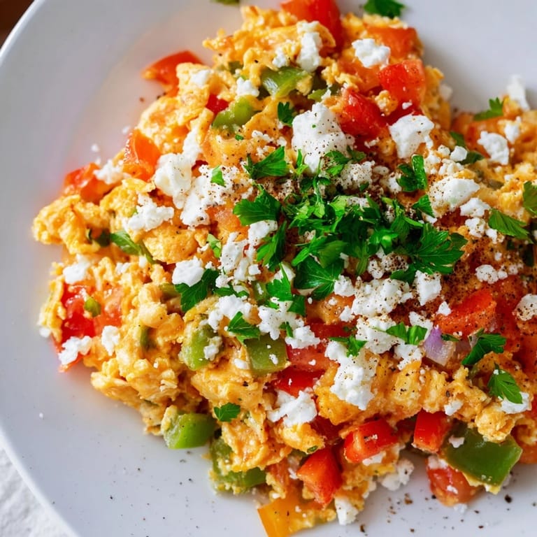 Savory Turkish Menemen recipe image displays perfectly cooked eggs in a delicious tomato and pepper sauce.