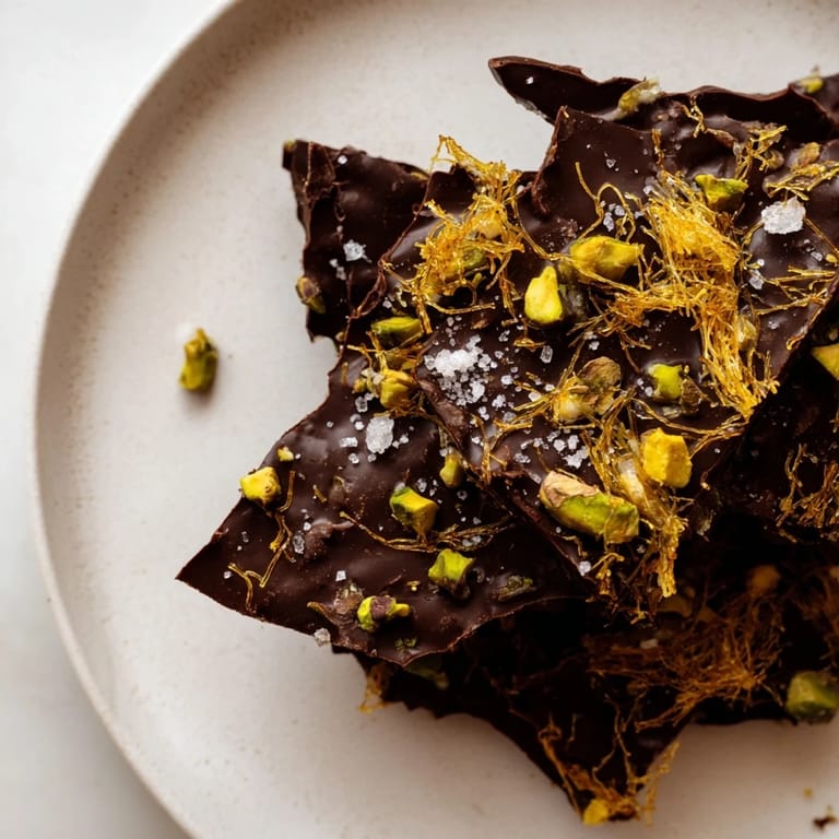 Homemade Kataifi Chocolate Crunch Bark with pistachios, presenting a delectable sweet treat with great texture.