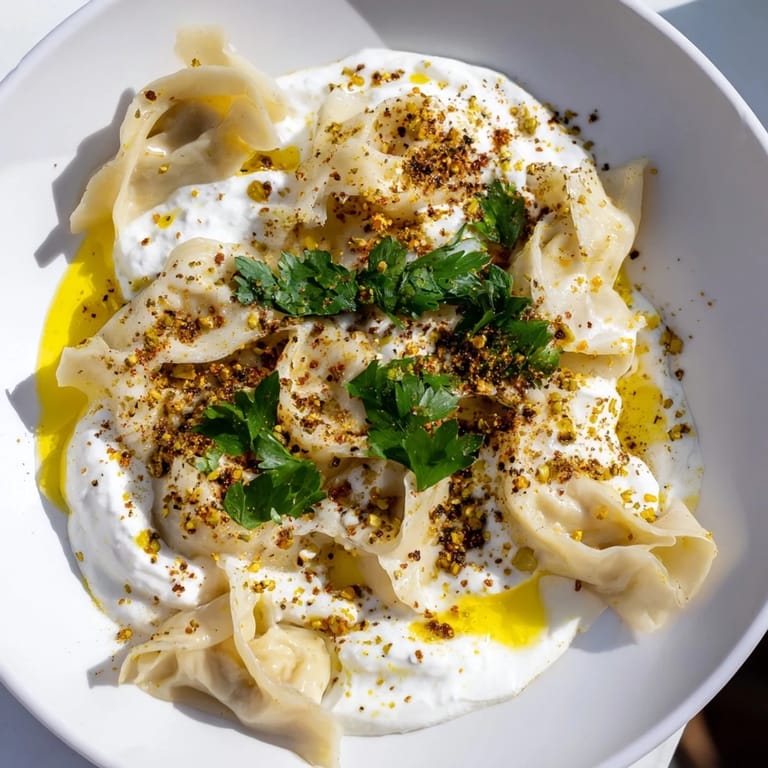 A beautiful plate of savory Turkish Cheesy Manti, perfect for a hearty and satisfying vegetarian dinner dish.