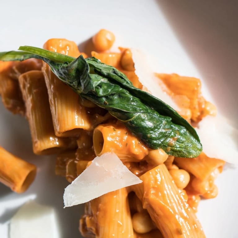A hearty bowl of Creamy Tuscan Chickpea Pasta topped with fresh basil and Parmesan, paired with a glass of white wine.