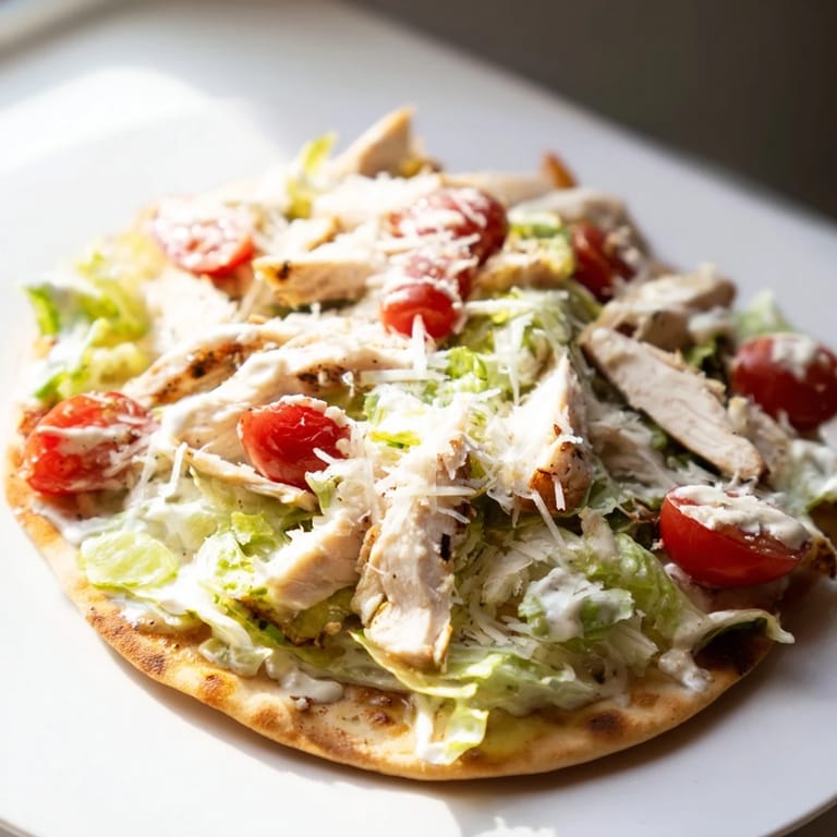 A close-up view of a rustic Chicken Caesar Flatbread with grilled chicken slices, cherry tomatoes, and herbs.