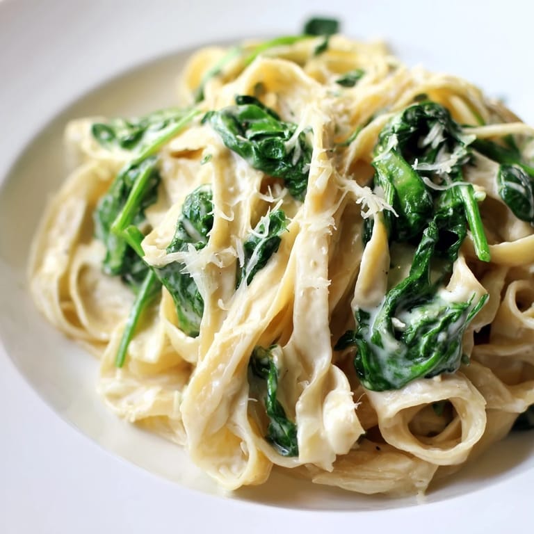 Creamy garlic spinach pasta twirled on a fork, highlighting velvety sauce, tender leaves, and al dente noodles.