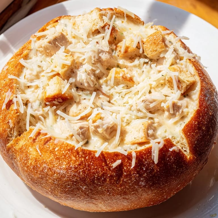 Freshly baked Chicken Alfredo Bread Bowl garnished with parsley, offering a comforting, hearty Italian-American meal.
