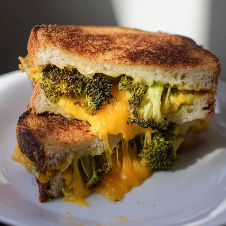 A plate with a whole Roasted Broccoli & Cheddar Grilled Cheese sandwich and a small bowl of tomato soup, perfect for a cozy lunch.
