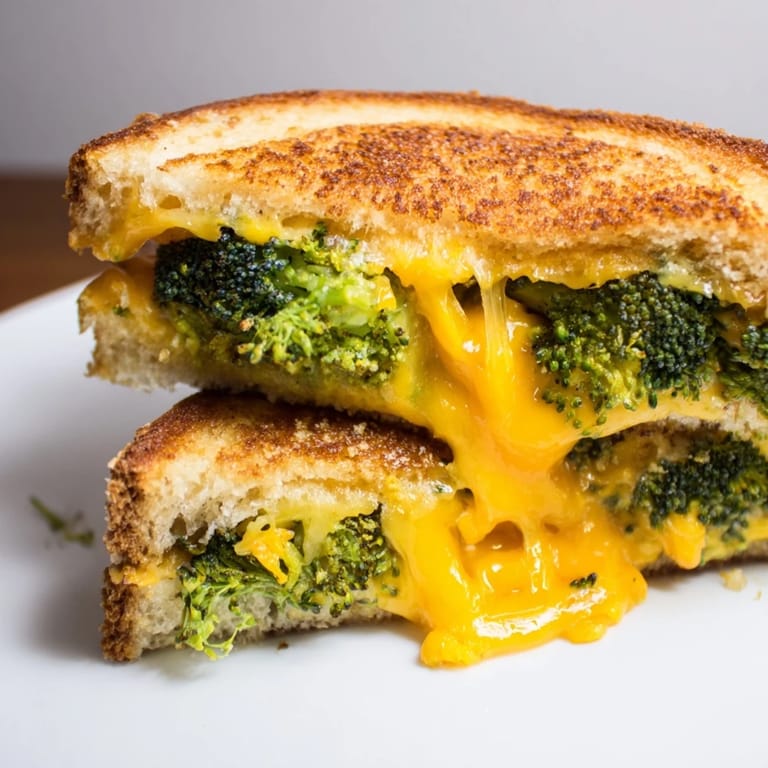 Golden-brown Roasted Broccoli & Cheddar Grilled Cheese slices on a wooden cutting board, with roasted broccoli florets and melted cheese visible inside.