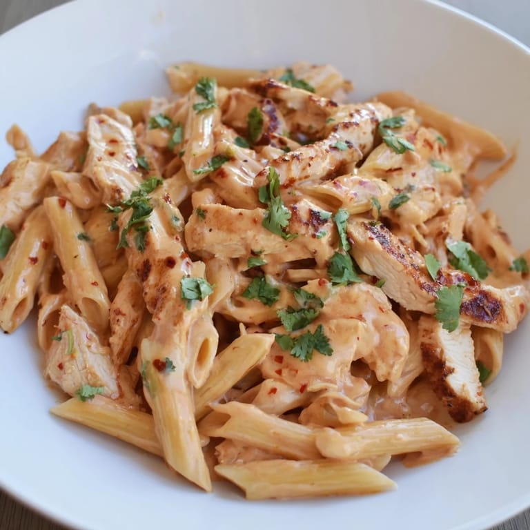 Sizzling skillet of honey chipotle chicken pasta, penne and chicken tossed in a smoky sauce, garnished with fresh cilantro.