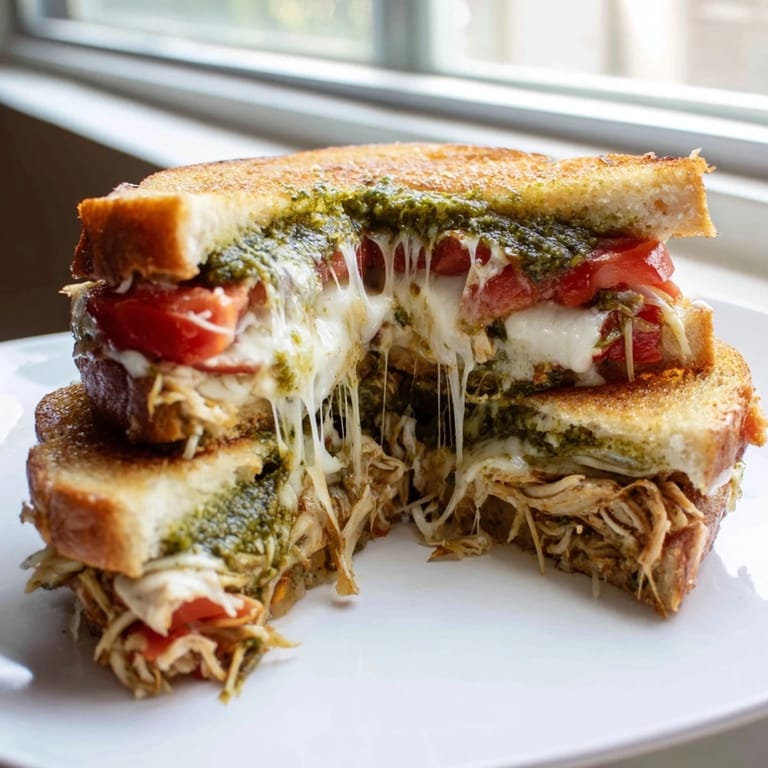 The Mozzarella Pesto Chicken Grilled Cheese, sliced in half to show layers of pesto, shredded chicken, and fresh basil.