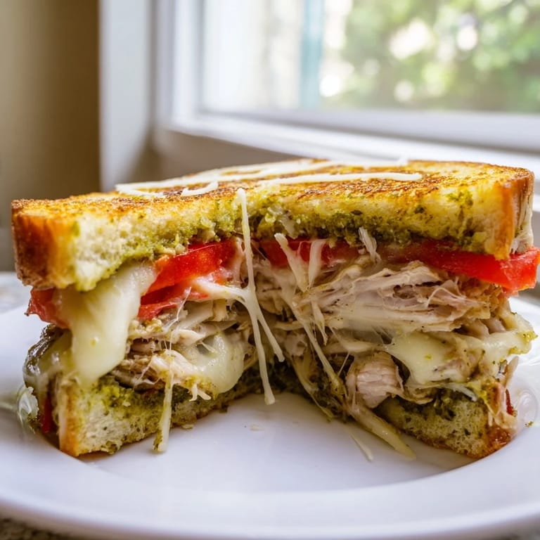 A rustic wooden board holds a warm Mozzarella Pesto Chicken Grilled Cheese, perfect with a side of ripe tomato slices.