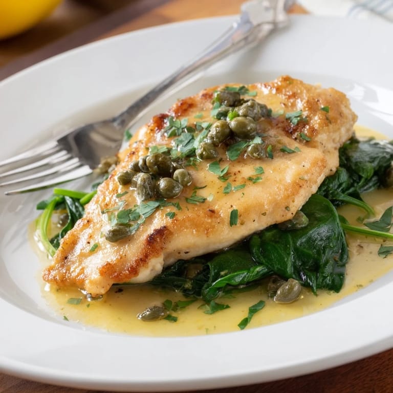 Pan-seared chicken cutlets resting on a bed of tender wilted spinach, drizzled with a bright lemon butter sauce for a fresh dinner.