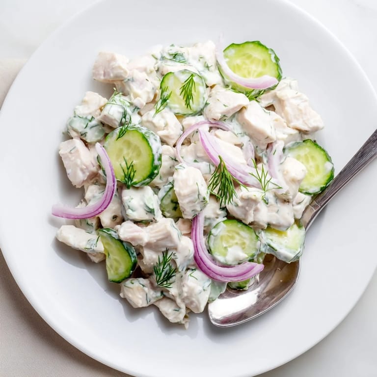 Close-up of Creamy Cucumber Chicken Salad showing shredded chicken and thinly sliced cucumbers coated in a creamy yogurt dill dressing, highlighting the fresh, vibrant texture.
