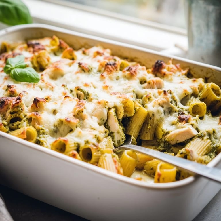 Fresh basil pesto and tender chicken in a cheesy baked pasta casserole.