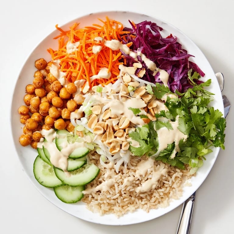 A top-down view of a nourishing Peanut Chickpea Rice Bowl garnished with fresh cilantro and sliced scallions, perfect for a quick lunch.